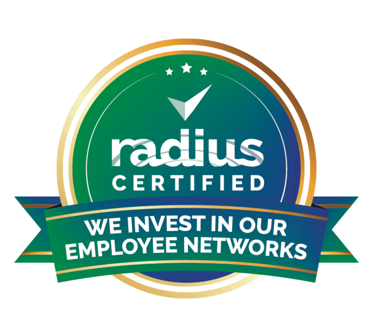 A blue and green logo reading: "radius certified - we invest in our employee networks"