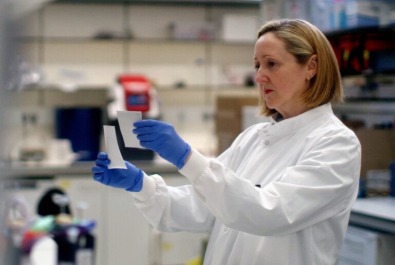 Claire Booth examines laboratory materials used in gene therapy research at Great Ormond Street Hospital.