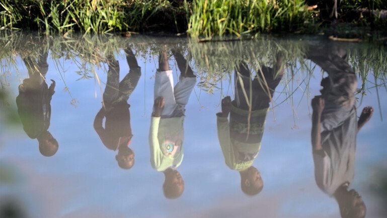 The reflections of several people appear in still water beside tall grasses.