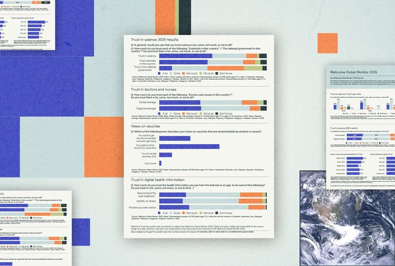 A collage image with bright colours showing a snapshot of Wellcome Global Monitor 2026 Factsheets
