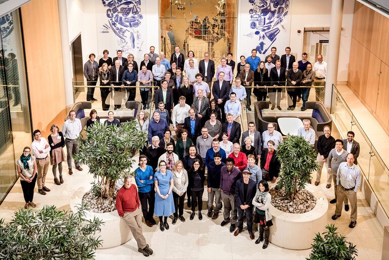 Group photo in an atrium at the Human Cell Atlas launch at Wellcome in 2016.