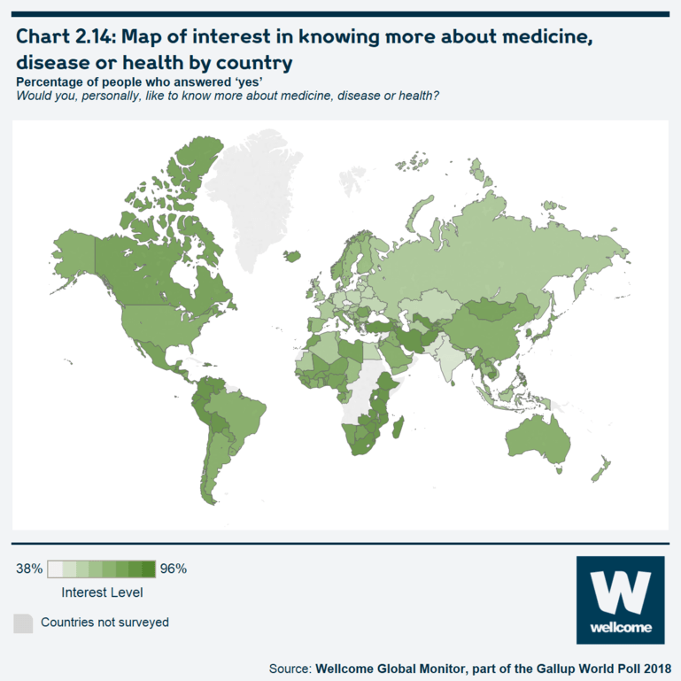 Chart 2.14 Map of interest in knowing more about medicine, disease or health by country