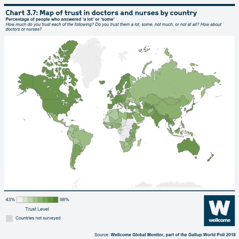 Chart 3.7 Map of trust in doctors and nurses by country