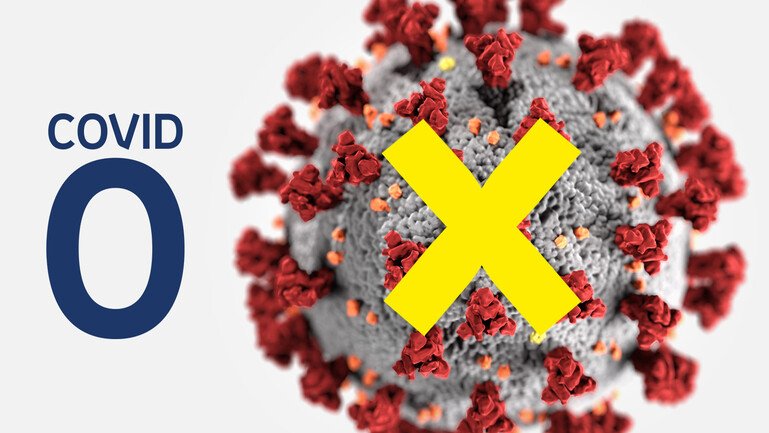 The letter X on top of a coronavirus, next to the word COVID and number zero.