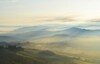 View of misty hills