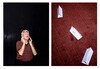 Two images showing a man smiling as he closes his eyes as part of a group exercise in stress relief, and the nametags of the group participants. 