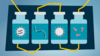 Four cartoon test tubes with virus and dna symbols in each.