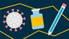 Illustration of the Covid-19 spike protein, a vaccine vial and a pencil