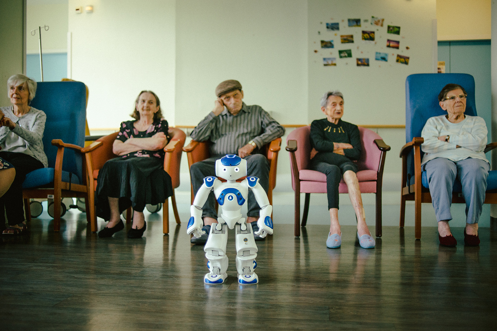 Zora the Robot Care-Giver helps people with communication and provides comfort and entertainment in a healthcare setting in France. 